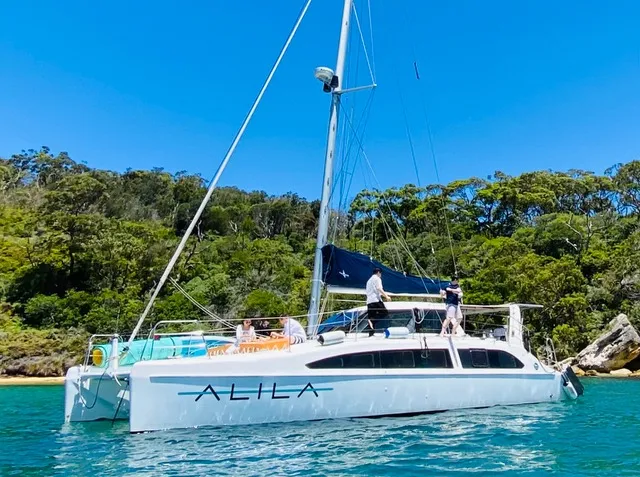 Alila yacht anchored near a lush green shoreline under a clear blue sky.