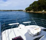 View from the deck of Life’s Good catamaran overlooking calm waters.
