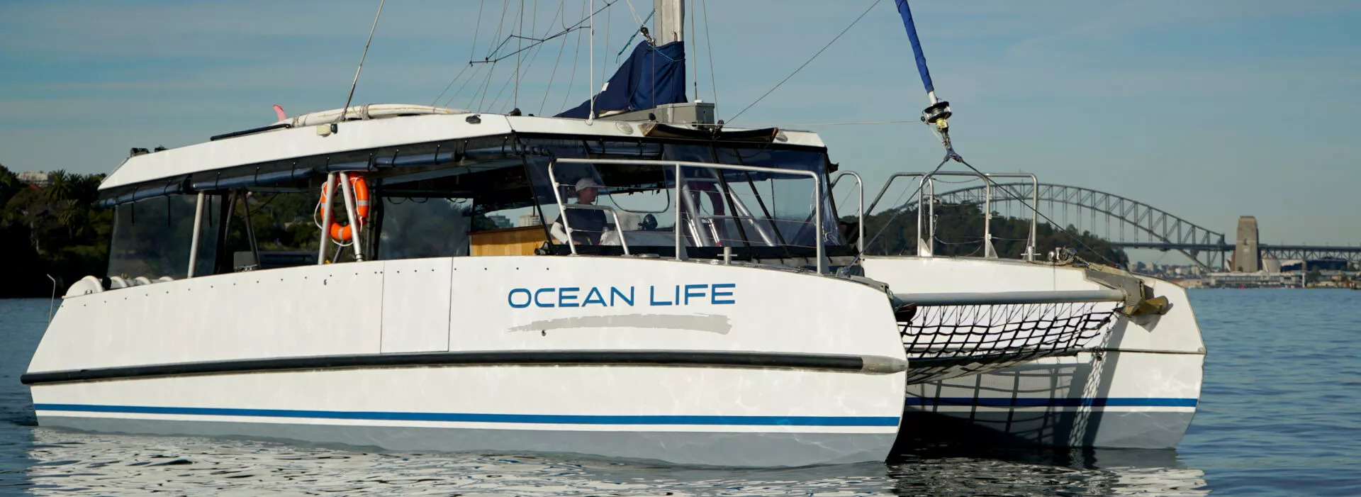 Catamaran named Ocean Life docked in Sydney Harbour with a bridge backdrop.