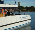 Catamaran cruising on calm waters near Sydney's coastline.