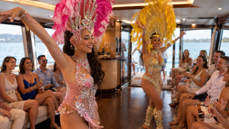 Brazilian-dancers-dancing-addon-sydney-yacht-charter Brazilian samba dancers entertaining guests aboard a luxury yacht