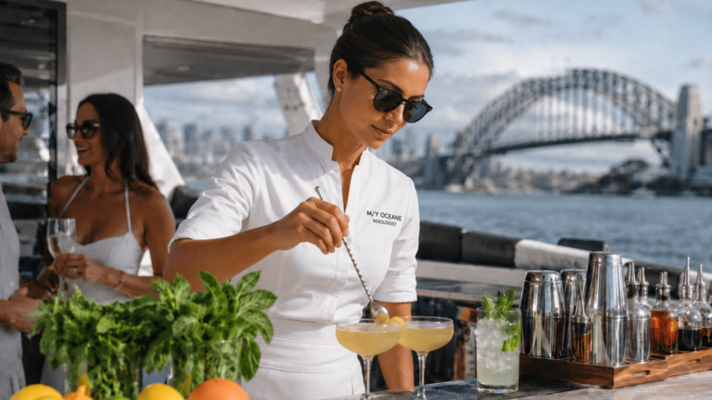 Professional mixologist preparing cocktails aboard a luxury yacht